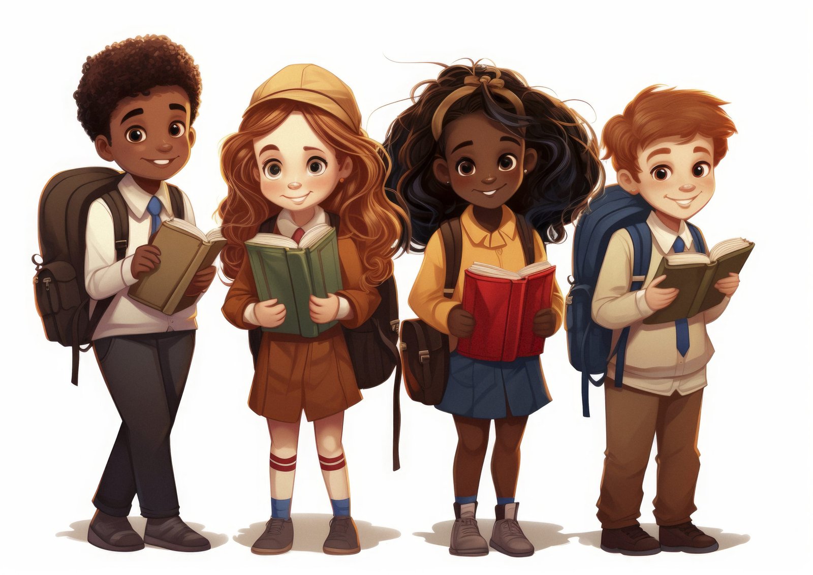 cartoon kids with backpacks and books, isolated on white background vector illustration, in the style of uncanny valley realism, school of london, animated gifs, bloomsbury group, diverse color palette, 1970â€“present, elegantly formal --ar 38:27 --v 5.2 Job ID: d54d5799-672e-4fee-8823-3e986d7a34a4